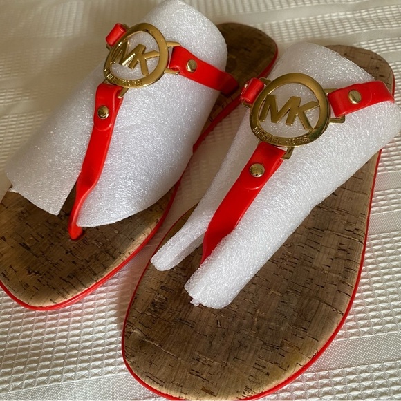 Michael Kors Cork Sandals Charm Jelly MK Gold Logo - Picture 1 of 13